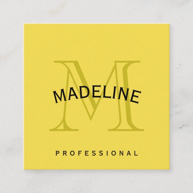 Classic Monogram Yellow with Arc Text Square Business Card (Front)