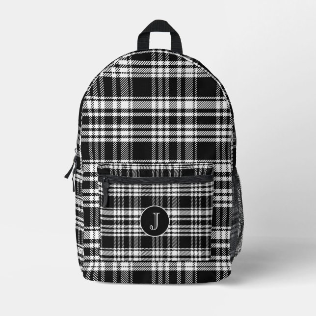 Classic Monogrammed Black and White Plaid Printed Backpack (Front)