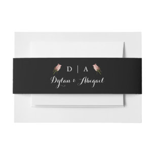Classic Monogrammed Blk w/Rose Wedding Belly Band Invitation Belly Band