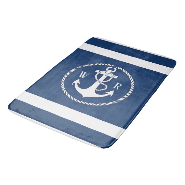 Classic Monogrammed Nautical Navy Blue and White  Bath Mat (Angled)