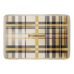 Classic Monogrammed Tan and Taupe Plaid  Bath Mat