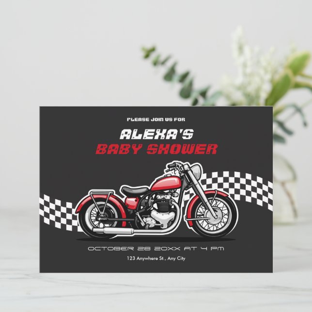 Classic motorbike baby shower invitation (Standing Front)