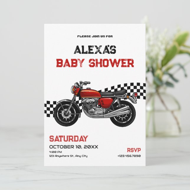 Classic motorbike baby shower invitation (Standing Front)