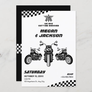 Classic motorbike mechanic wedding invitation