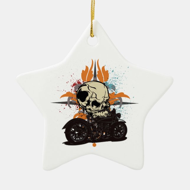 Classic Motorcycle Skull With Paint Splashes Ceramic Tree Decoration (Front)