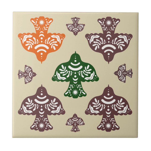 Classic multicolor unique green orange birds ceramic tile (Front)