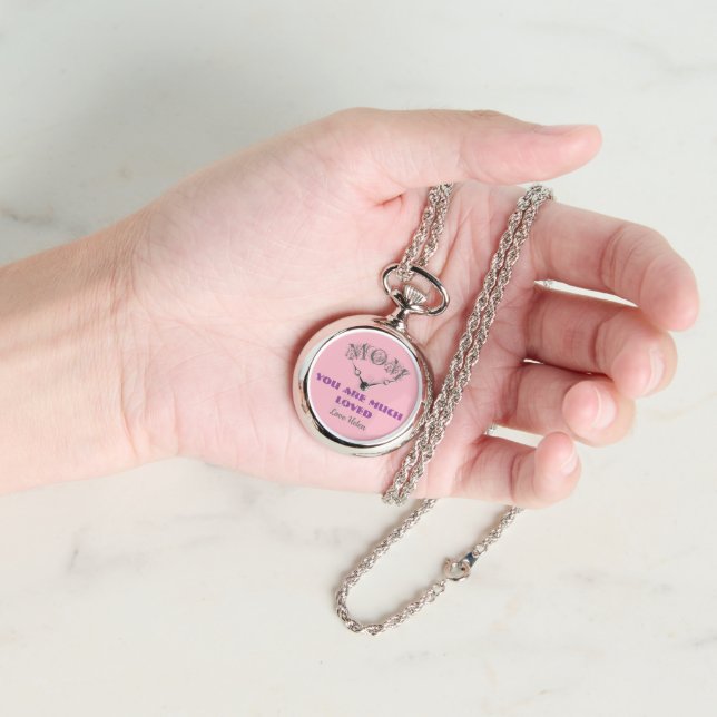 Classic Mum Gift Script Chic Pink Necklace Watch (Hand)
