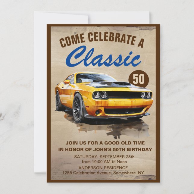 Classic Muscle Car Simple Fifty Birthday  Invitation (Front)
