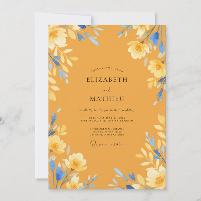 Classic Mustard Azure Petal Wedding Invitation (Front)