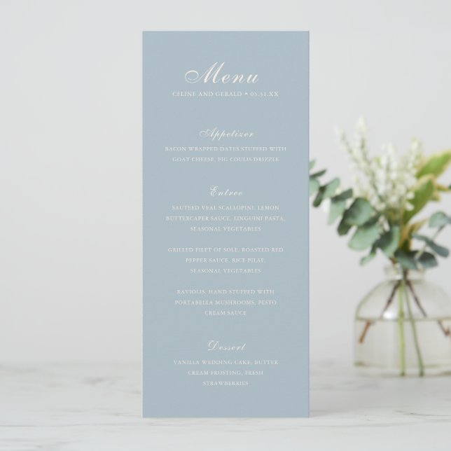 Classic Muted Blue Elegant Wedding Menu (Standing Front)
