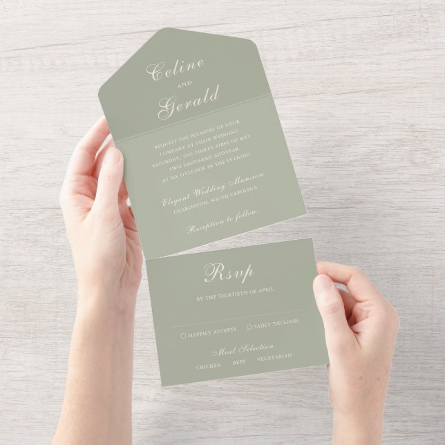 Classic Muted Green Elegant Wedding All In One Invitation (Tearaway)