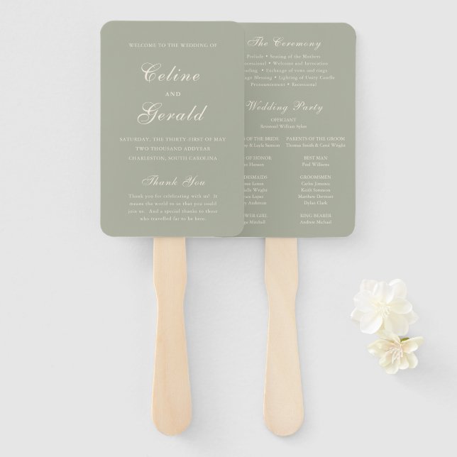 Classic Muted Green Elegant Wedding Program Hand Fan (Front and Back)