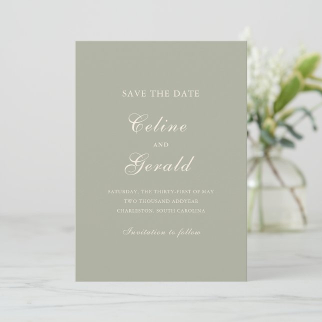 Classic Muted Green Elegant Wedding Save The Date (Standing Front)