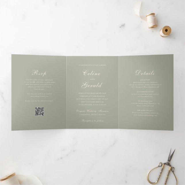 Classic Muted Green QR Code Elegant Wedding Tri-Fold Invitation (Inside)