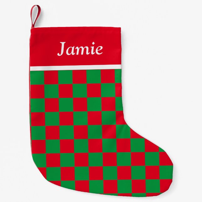 Classic Name Festive Red and Green chequered  Small Christmas Stocking (Front)