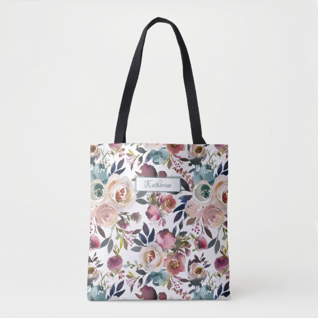 Classic Named Cream Blush Pink Blue Green Floral Tote Bag (Front)