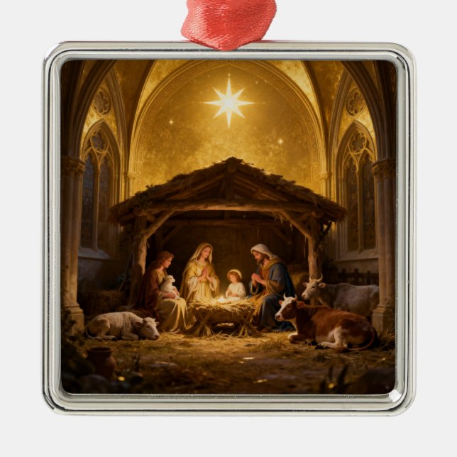 Classic Nativity Scene Christmas Metal Ornament (Front)