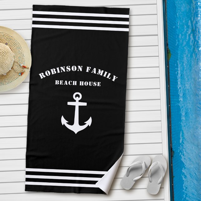 Classic Nautical Anchor Family Beach House Black Beach Towel (Creator Uploaded)