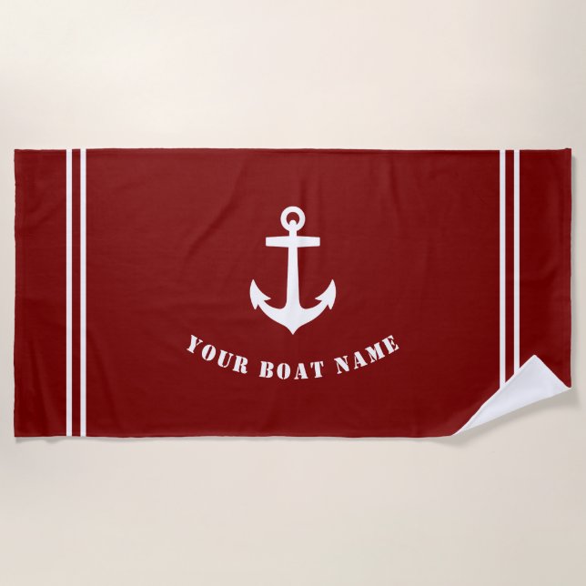 Classic Nautical Anchor Red with Boat Name Beach Towel (Front)