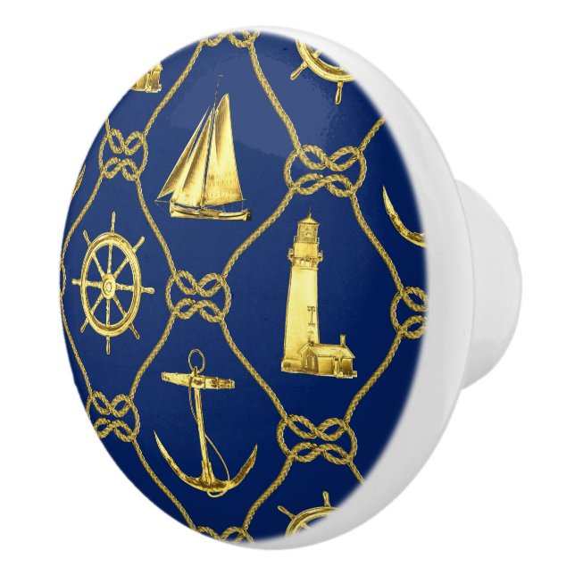 Classic Nautical Gold Blue Ceramic Knob (Right)