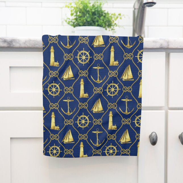 Classic Nautical Gold Blue Tea Towel (Creator Uploaded)