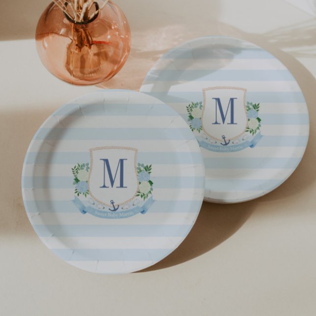 Classic Nautical Monogram Boy Baby Shower Party Paper Plate (Coastal monogram crest initial monogram baby shower or wedding anniversary paper plates)