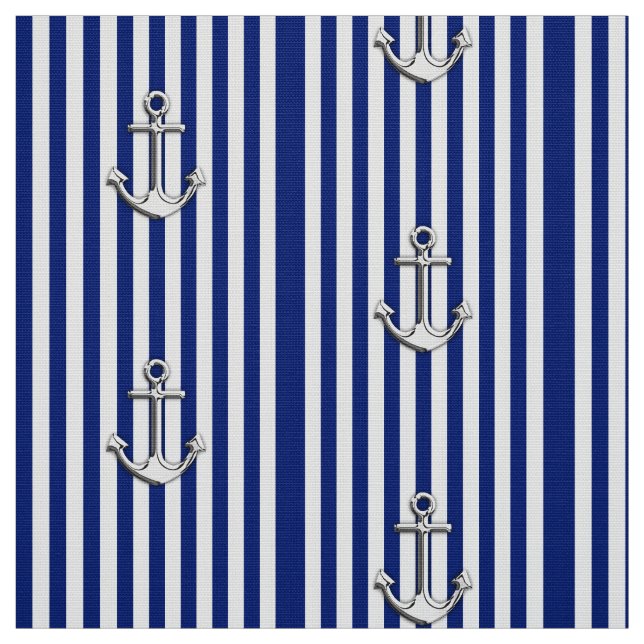 Classic Nautical Navy Blue Stripes and Anchors Fabric (Swatch)