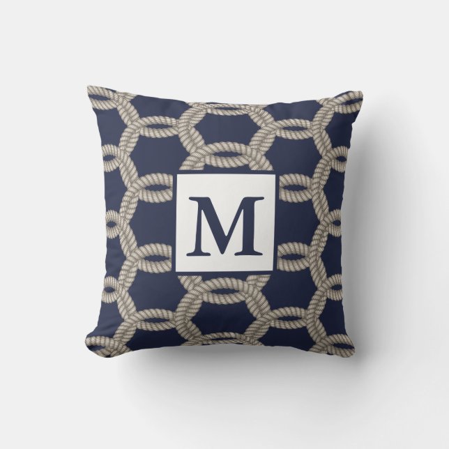 Classic Nautical Navy & Ropes | Monogram Cushion (Front)