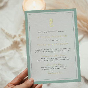 Classic Nautical Seahorse Wedding Gold Foil Invita