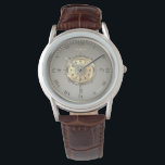 Classic Nautical Two-Tone Leather Custom Watch<br><div class="desc">Discover timeless elegance with the Goldevine Geneve Men's Classic Leather Watch. Featuring a sophisticated silver-tone case and a rich brown crocodile-embossed leather strap, this timepiece exudes understated luxury. The cream-colored dial is adorned with distinguished Roman numerals and a unique central compass-style sub-dial, adding a touch of vintage charm and navigational...</div>