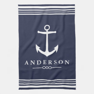 Classic Nautical White Stripes & Anchor Navy Tea Towel