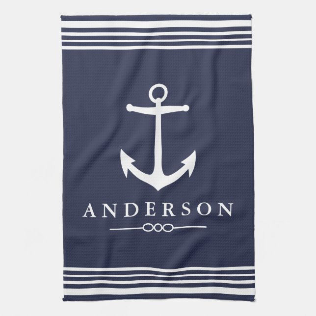 Classic Nautical White Stripes & Anchor Navy Tea Towel (Vertical)