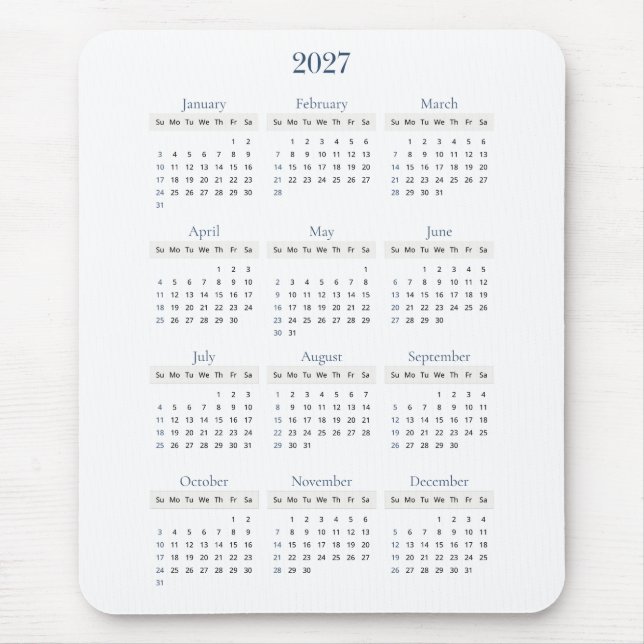 Classic Navy 2027 Calendar | Any background colour Mouse Pad (Front)