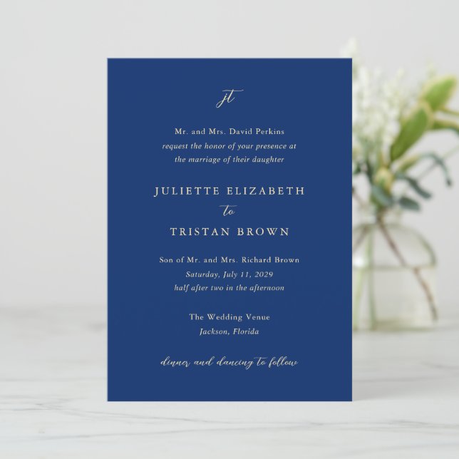 Classic Navy and Cream Elegant Wedding Invitation (Standing Front)