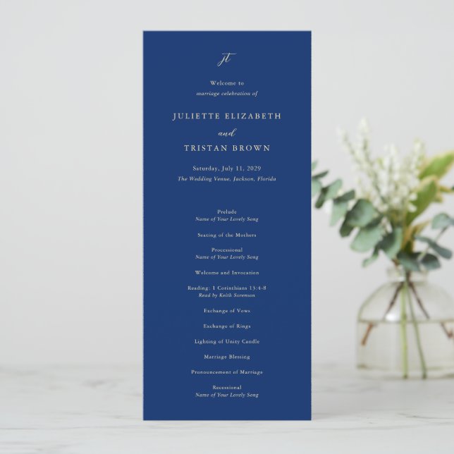 Classic Navy and Cream Elegant Wedding Program (Standing Front)