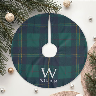 Classic Navy and Green Plaid Family Name Monogram Brushed Polyester Tree Skirt