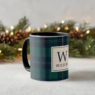 Classic Navy and Green Plaid Family Name Monogram Mug