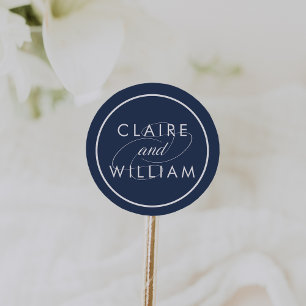 Classic Navy and White Personalised Wedding Round Sticker