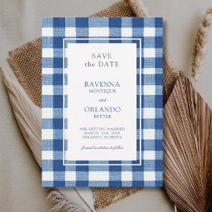 Classic Navy Baby Blue Plaid Gingham Wedding Save The Date