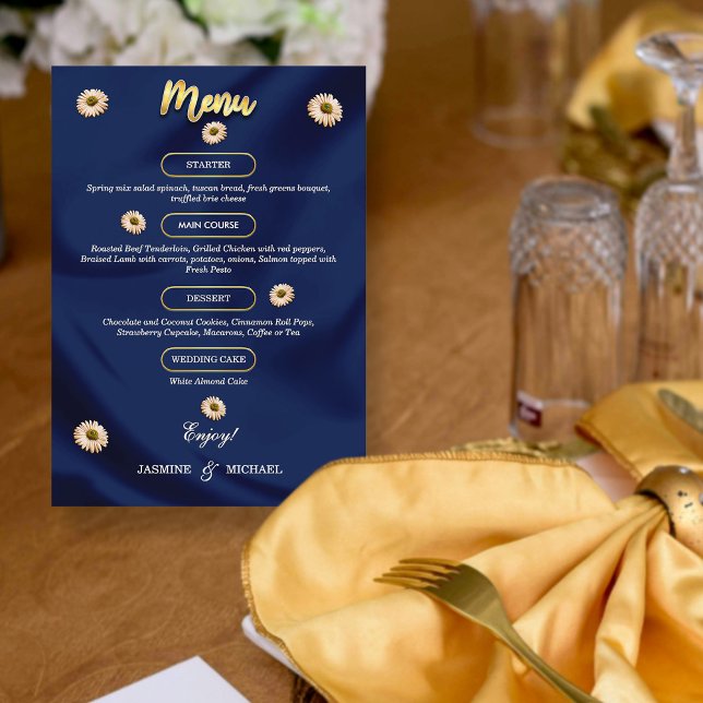 Classic Navy Blue and Gold Wedding Elegant Floral Menu (Creator Uploaded)