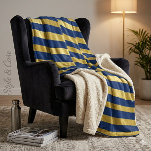 Classic Navy Blue and Metallic Gold Striped Sherpa Blanket