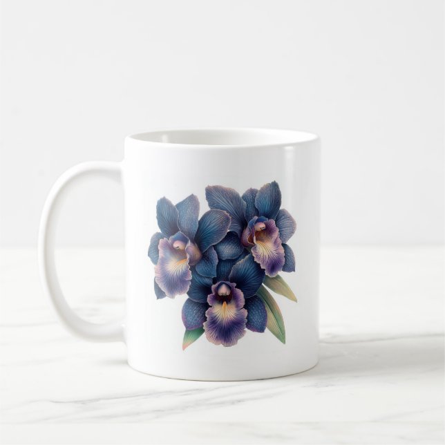 Classic navy blue and purple orchid coffee mug (Left)