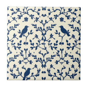 Classic Navy Blue Bird Damask Toile Silhouette  Ceramic Tile