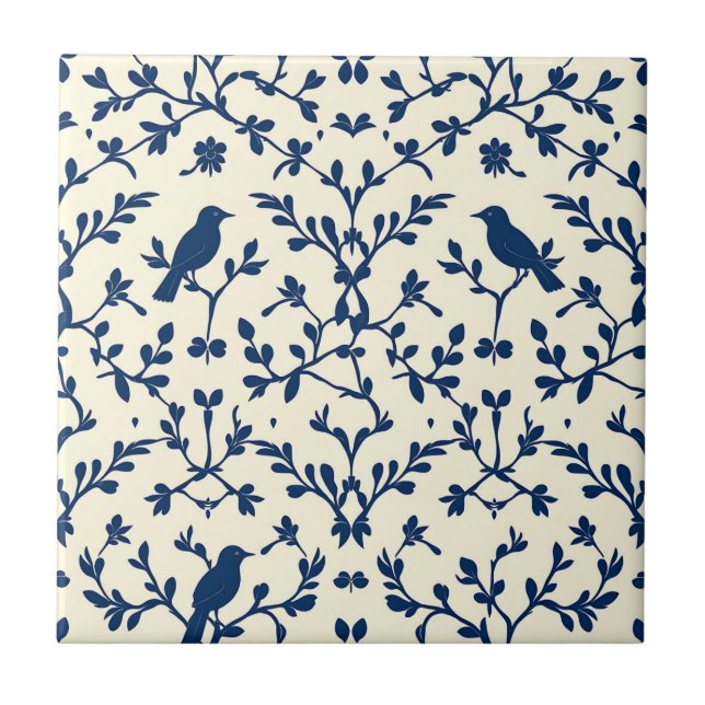 Classic Navy Blue Bird Damask Toile Silhouette  Ceramic Tile (Front)