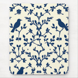Classic Navy Blue Bird Damask Toile Silhouette Mouse Pad