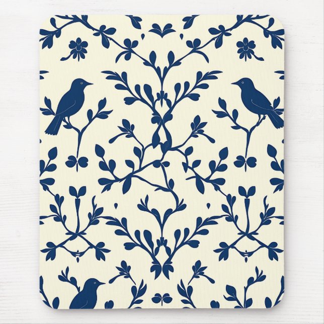 Classic Navy Blue Bird Damask Toile Silhouette  Mouse Pad (Front)