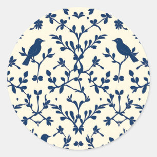 Classic Navy Blue Bird Damask Toile Silhouette Round Sticker