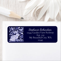 Classic Navy Blue Bunny Rabbit Birds Dedham Delft Return Address Label