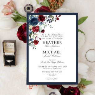 Classic Navy Blue Burgundy Floral Watercolor Invitation