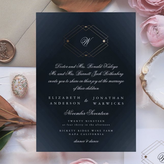 Classic Navy Blue Calligraphy Monogram Wedding Invitation (Creator Uploaded)